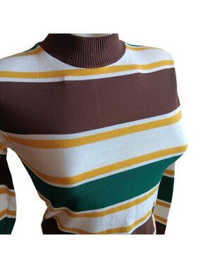 True Vintage T-shirt Single Stitch XS Striped Turtleneck Brown/Green/Yellow